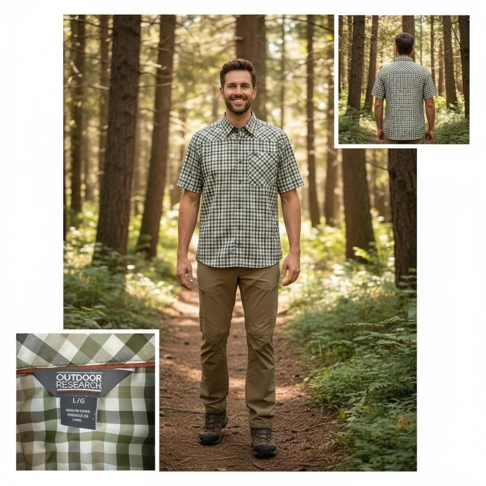 Outdoor Research Shirt‎ Mens Large Green Plaid DISCOVERY Short Sleeve Wool Blend